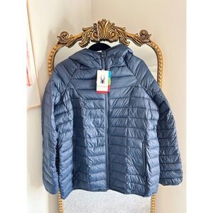 Spyder Mens Packable Puffer Jacket Navy Blue Hooded Quilted Coat XXL New